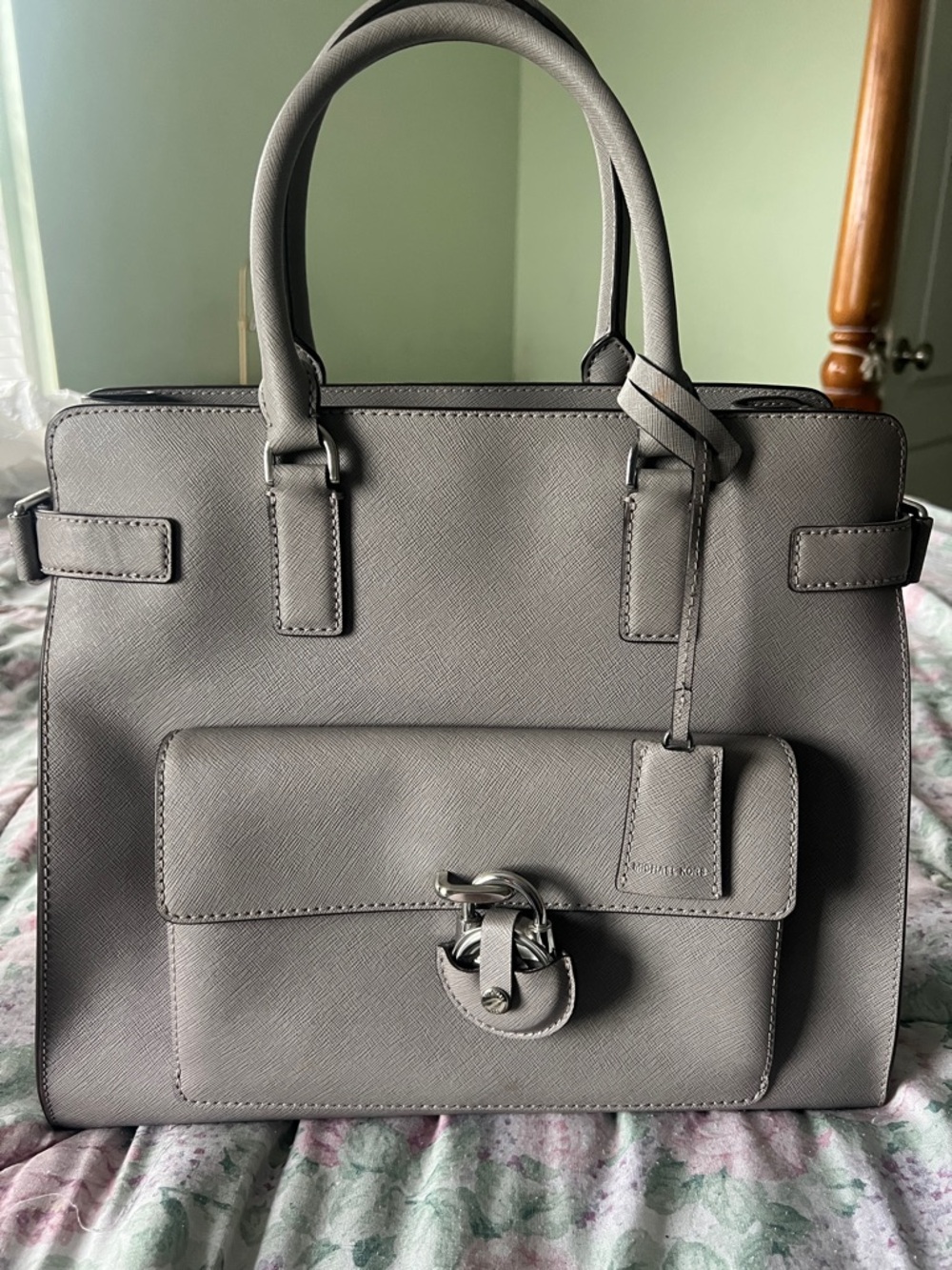Michael Kors Gray Saffiano Leather Satchel with Front Flap Pocket